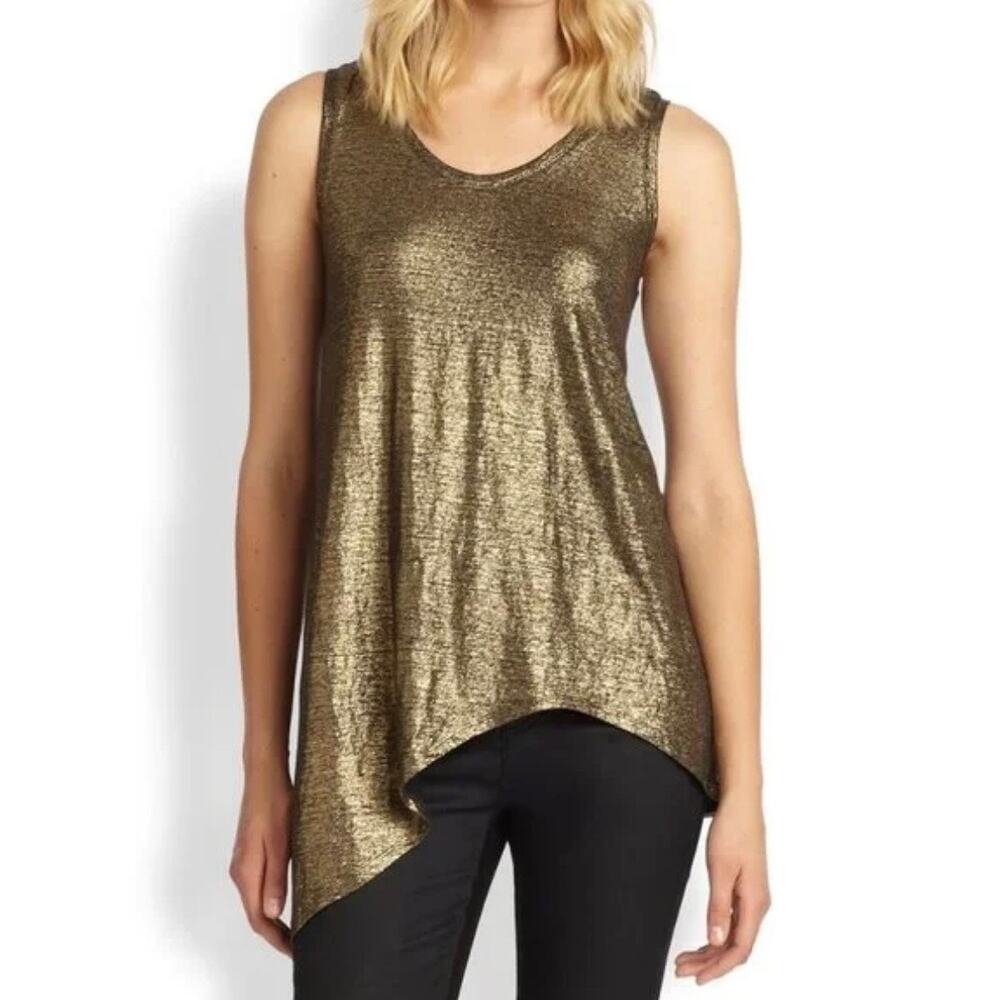 Eileen Fisher Metallic Gold Asymmetric Sleeveless Organic Linen Blouse Medium